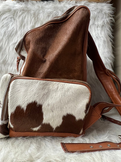 Cowhide Print Backpack Brown White