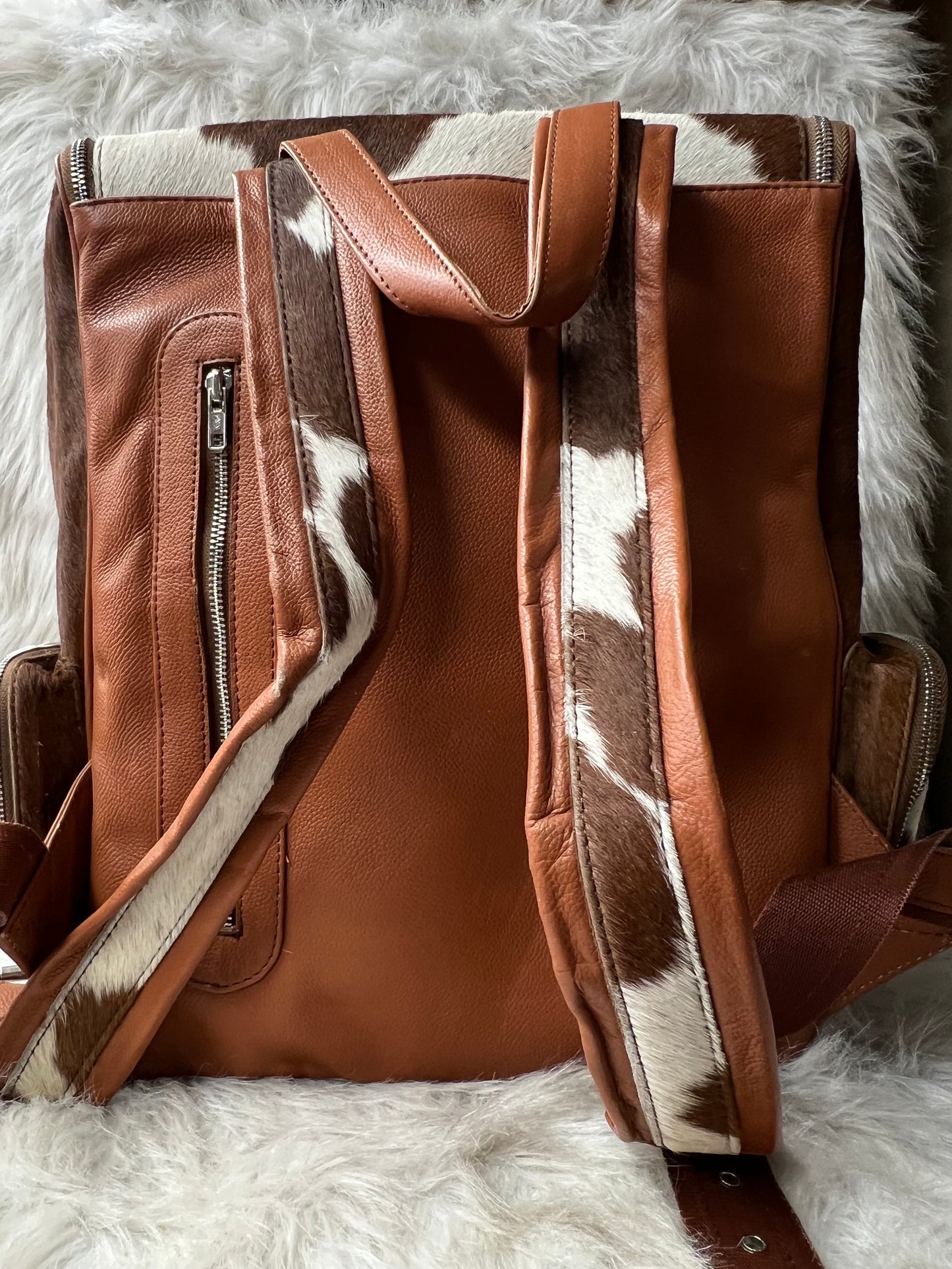 Cowhide Print Backpack Brown White