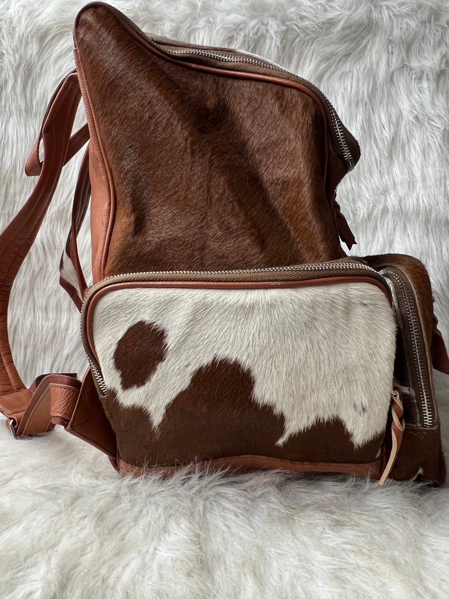 Cowhide Print Backpack Brown White