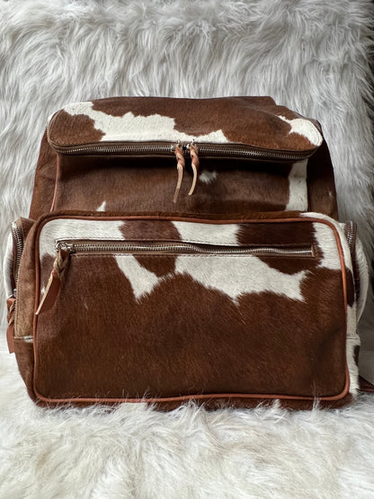 Cowhide Print Backpack Brown White