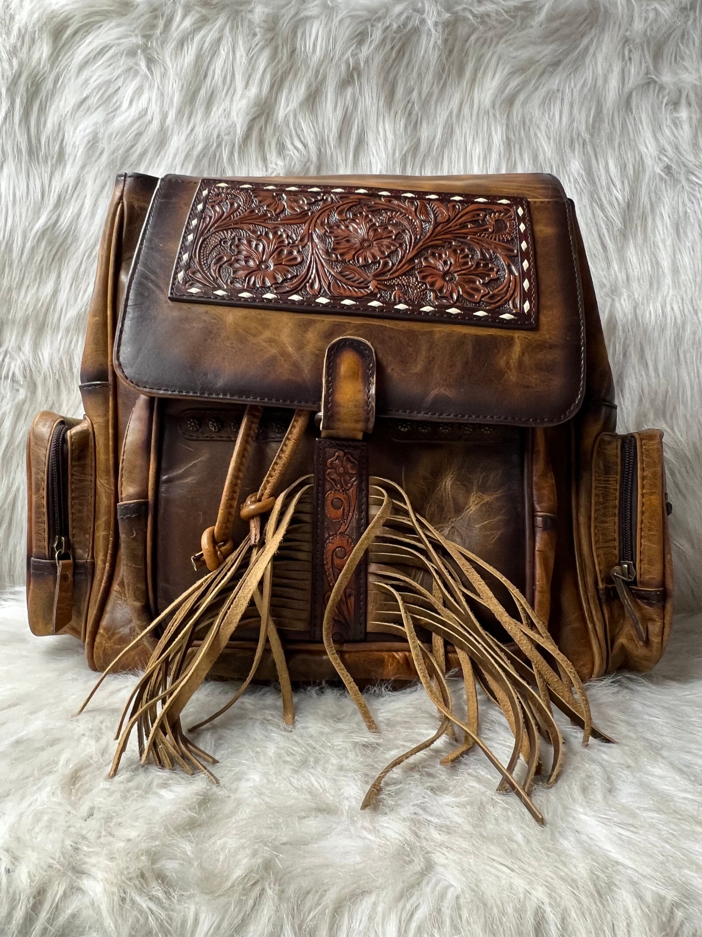 Leather Flowered Fringe Backpack