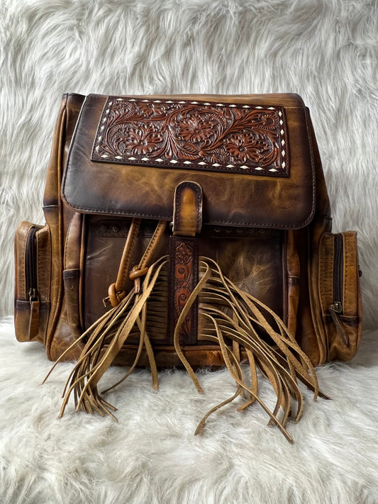 Leather Flowered Fringe Backpack